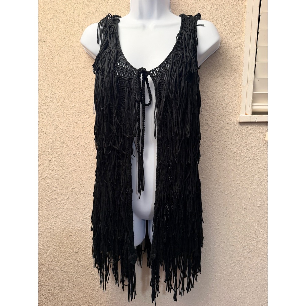 Mechant Womens Black Crochet Knit Fringe Vest Boho Festival Sleeveless Small